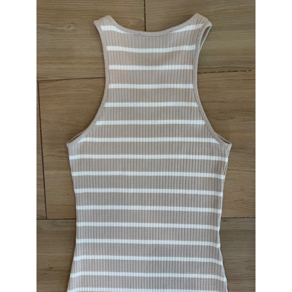 French Connection Tan White Striped Ribbed Knit Sleeveless Maxi Dress Slit M - Picture 5 of 5